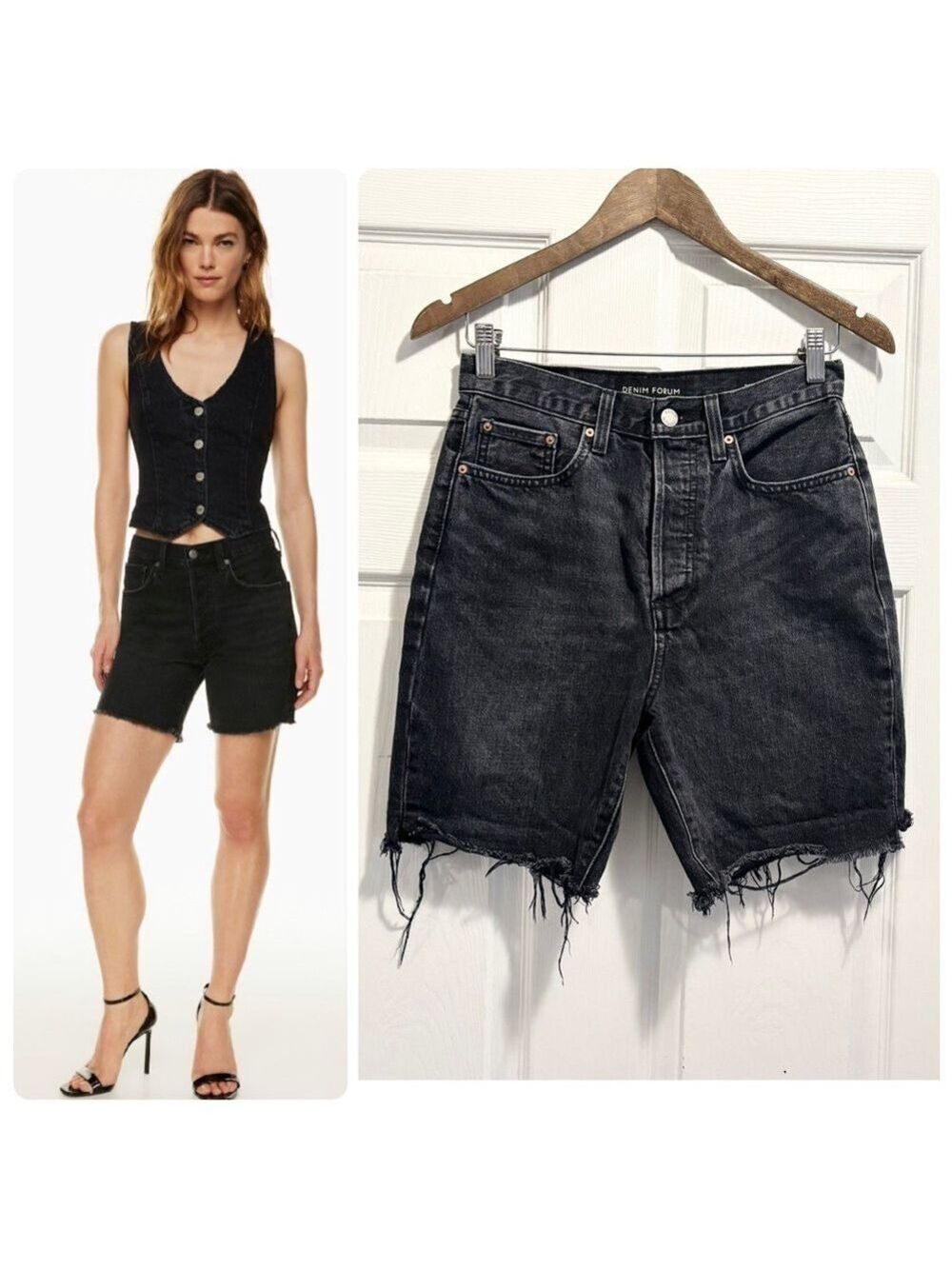 Aritzia Denim Forum The Yoko Long Short Jeans Black Wash Cut Off Frayed Hem 26